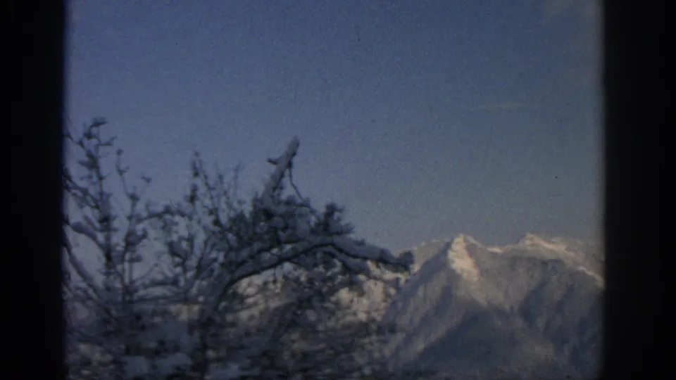 1963 8mm home-movie frame near Munich showing snow-covered mountains beyond bare branches and dark frame edges.