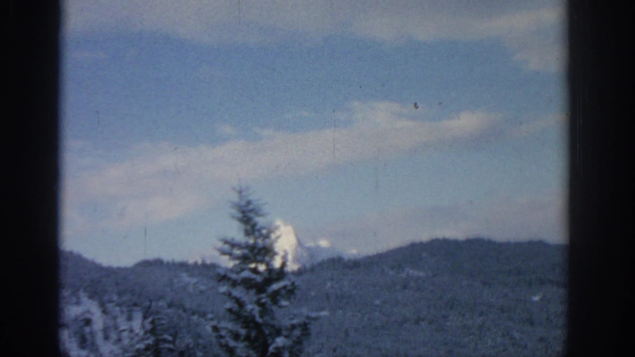 1963 Munich-region 8mm frame showing evergreen trees, forested ridges, and a distant snow-capped alpine peak below scattered clouds.