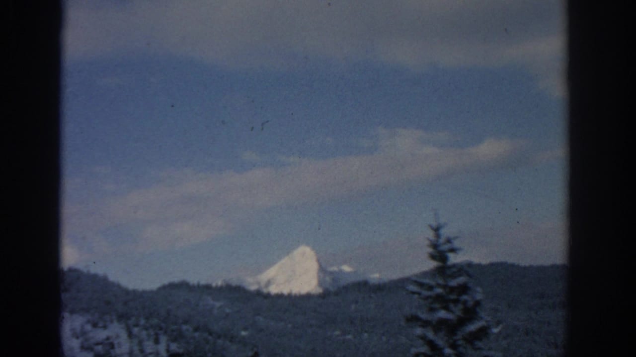 Distant white mountain peak above dark forested hills and a blue sky.