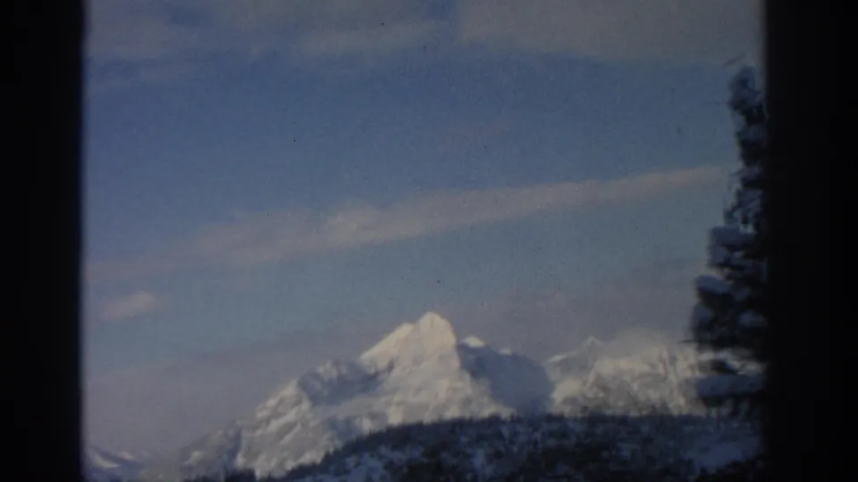 1963 8mm frame of snowy alpine peaks near Munich, Germany, with a dark evergreen at the right edge and pale winter sky.