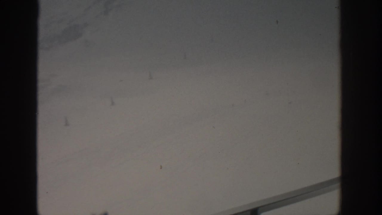 Pale gray sky or snowy distance seen through dark window divisions with film dust.