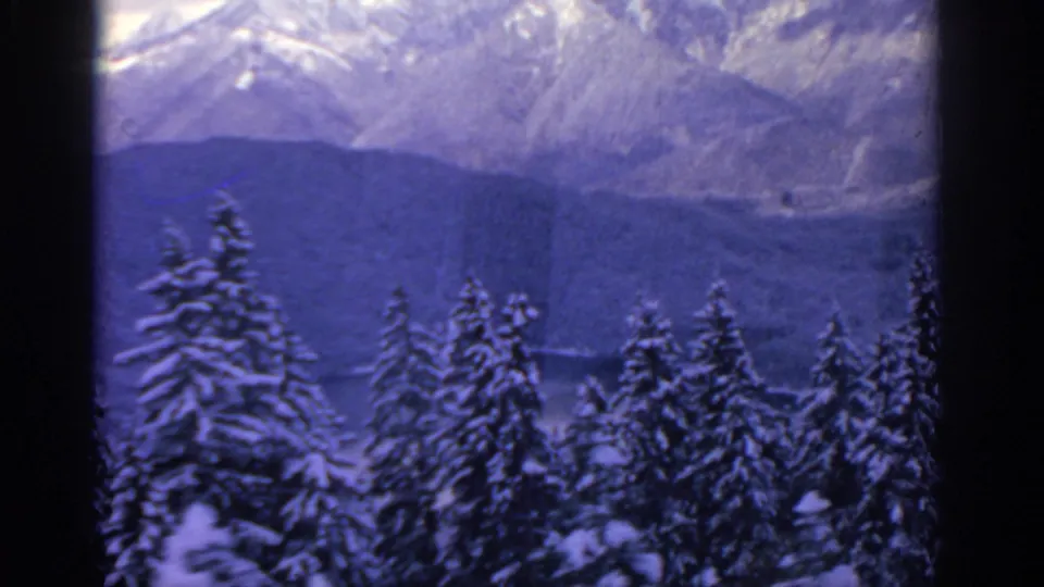 Blue-toned 1963 8mm frame showing snow-coated conifers, shadowed forest slopes, and distant alpine mountains near Munich.