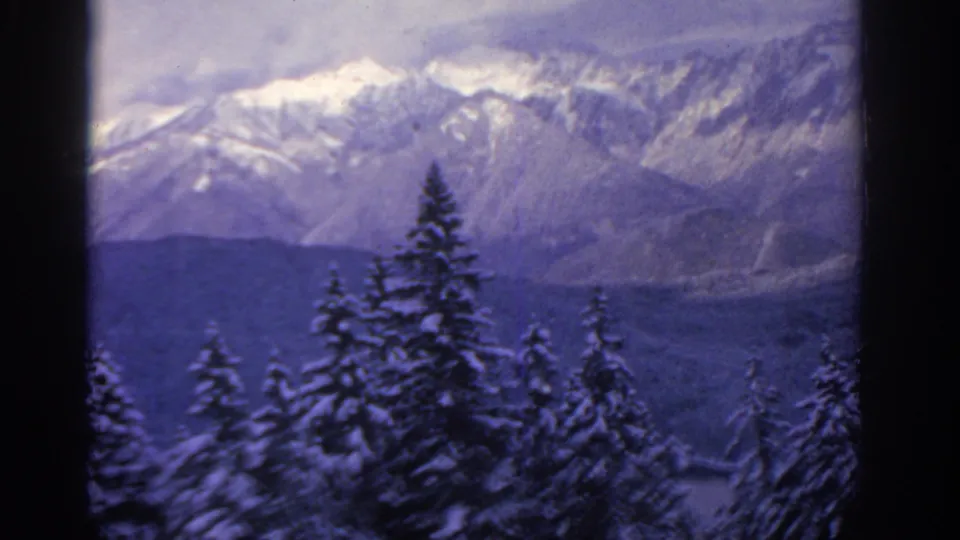 A moving 8mm view shows snow-laden evergreens against broad alpine slopes, consistent with the Munich-area travel metadata.