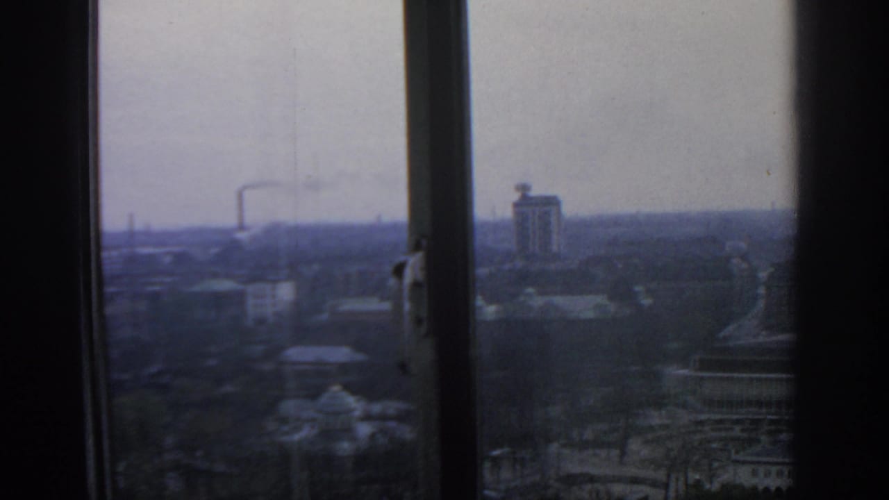 City skyline behind window panes with a tall building and smoke in the distance.
