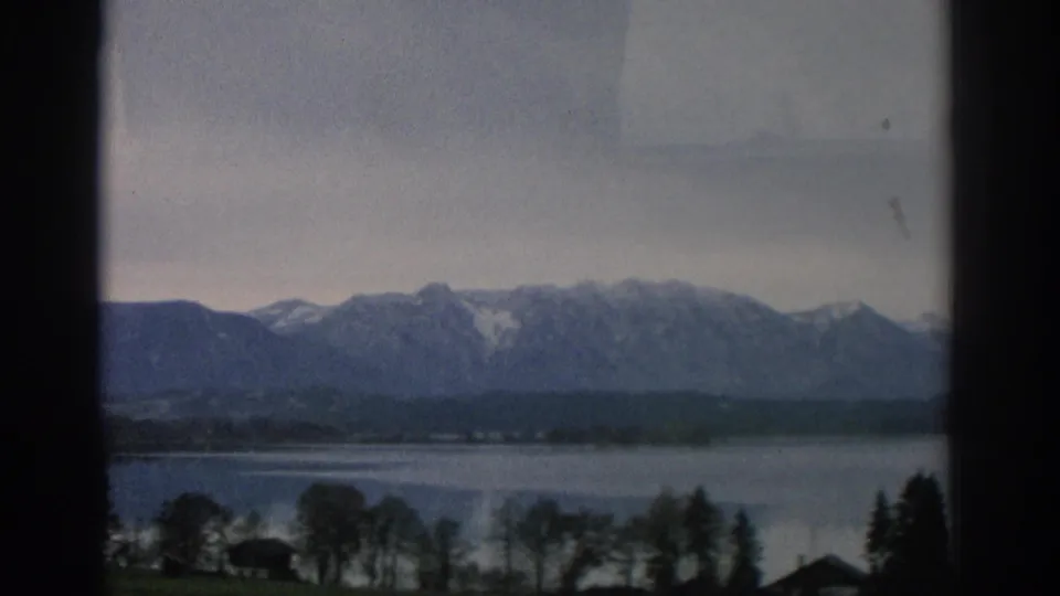A Zurich-area lake landscape on 8mm film, with trees and low shoreline beneath distant snow-covered mountains.