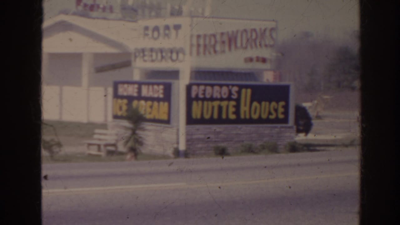 Roadside signs for Fort Pedro Fireworks, Home Made Ice Cream, and Pedro's Nutte House beside a white building.