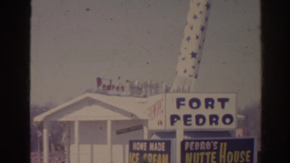 1962 Florida 8mm view of a Fort Pedro sign, Home Made Ice Cream board, and Pedro's Nutte House lettering at a roadside stop.