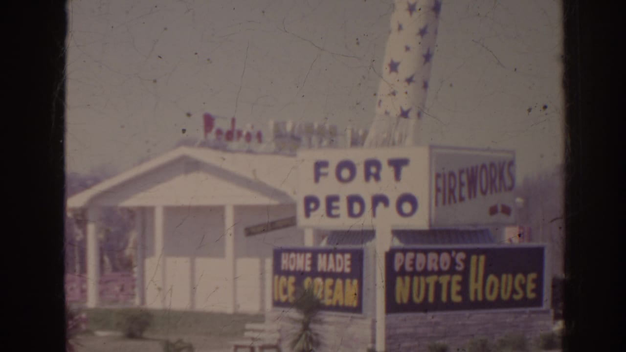 Fort Pedro roadside building with signs for fireworks, ice cream, and Pedro's Nutte House.