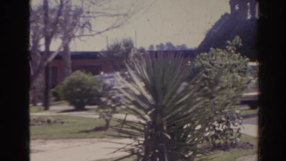 1962 Florida home-movie frame showing motel grounds with a spiky plant in front, lawn and sidewalk, and a white sedan beyond the shrubs.