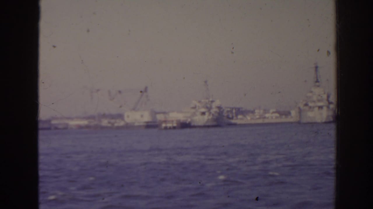 Open harbor water with dockside cranes and large naval-looking ships in the distance.