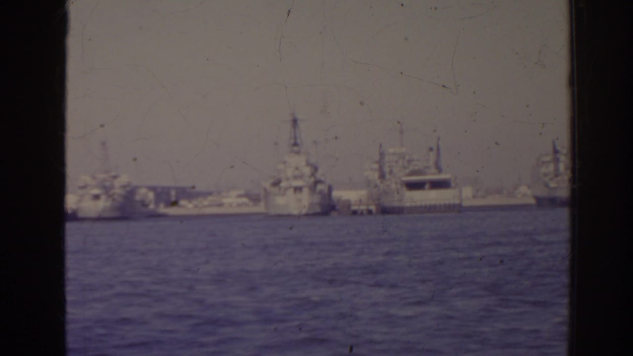 Distant naval ships anchored across blue harbor water under a pale sky.