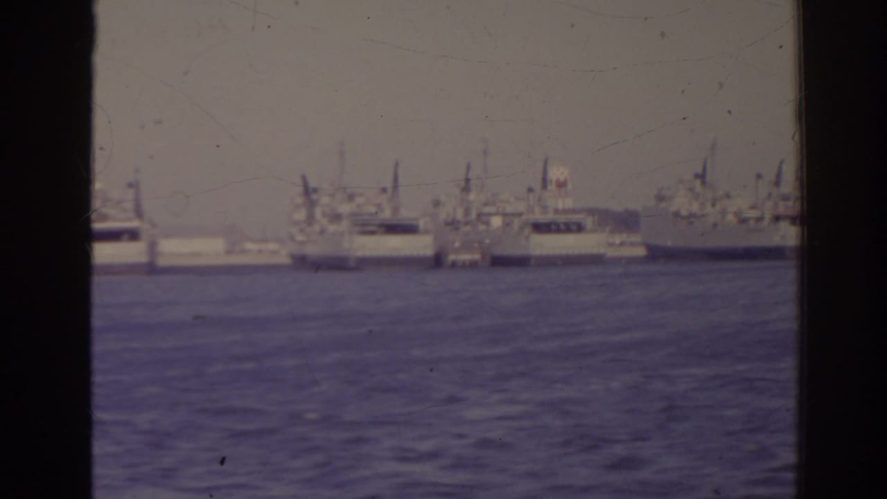Distant ships lined along a waterfront across open water.