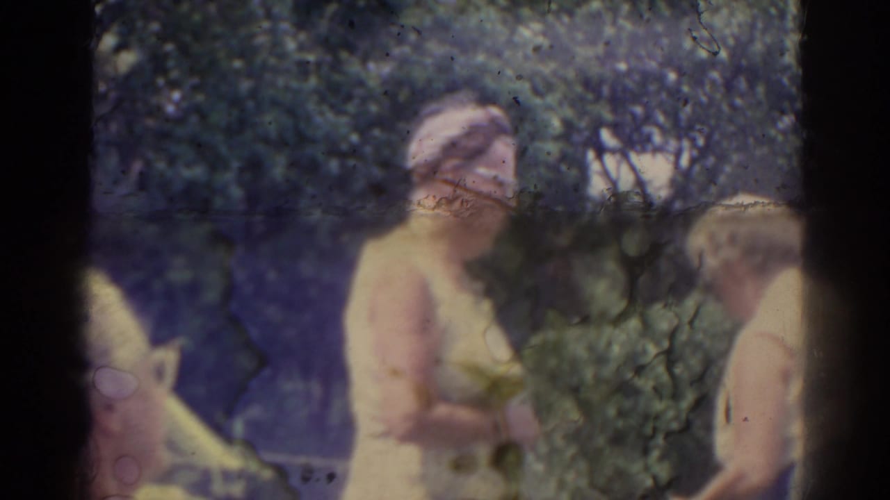 1962 Florida home-movie frame with a woman in a light dress standing beside other adults in a tree-lined area.