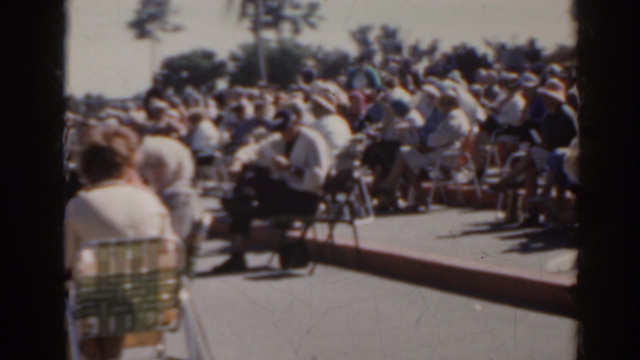Crowd seated outdoors with trees and chairs visible.
