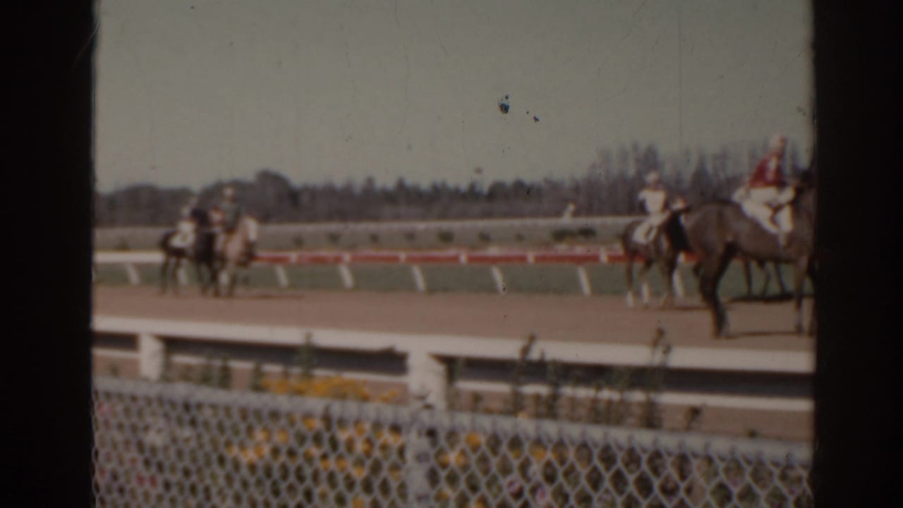 Jockeys and horses move along a Florida racetrack in a soft 8mm frame with railings, fence, and distant trees visible.