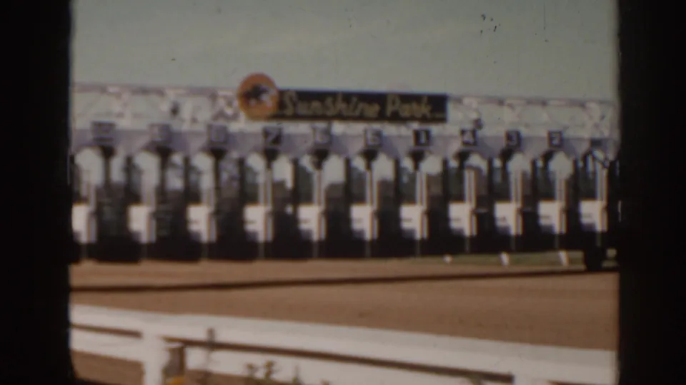 The racetrack starting gate line and Sunshine Park sign remain visible beyond a white rail in 1962 Florida footage.