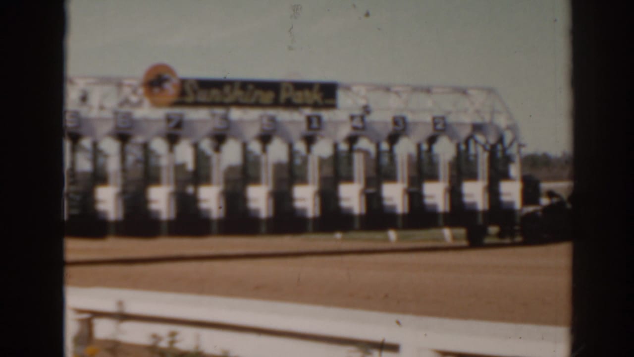 Numbered horse racing starting gate on a dirt track with a racetrack sign above.