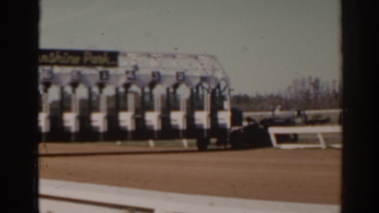 Numbered starting stalls at Sunshine Park racetrack in Florida, filmed from a spectator-side home-movie angle.