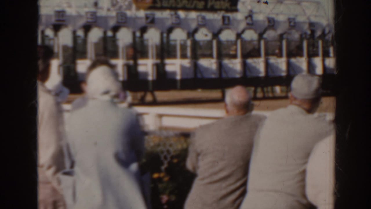 Spectators stand near numbered horse racing starting gates at a racetrack.