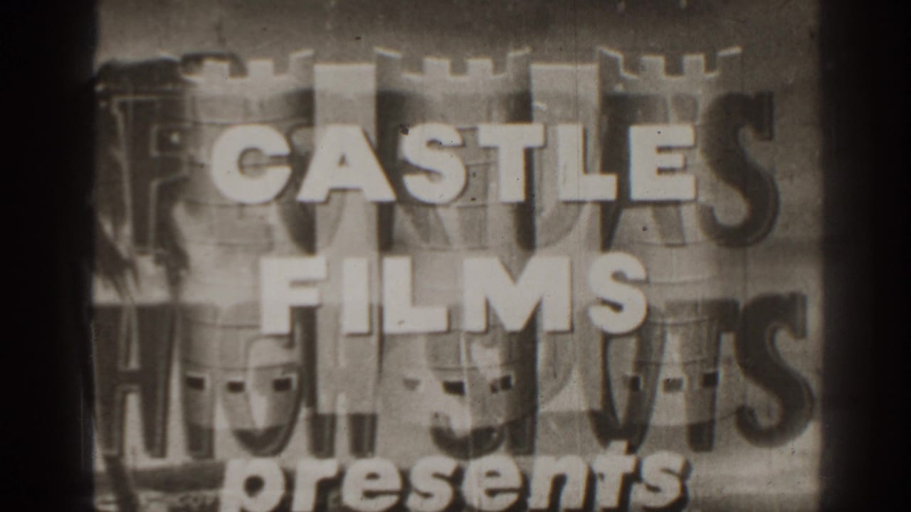 Black-and-white 8mm title card for Castle Films Presents, with bold lettering, castle motif, grain, and visible frame wear.