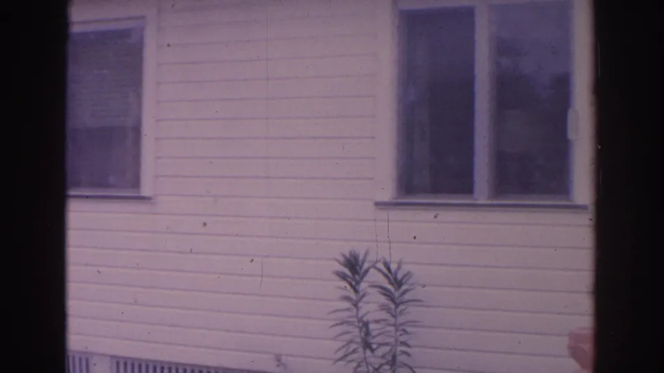 1962 Florida home-movie frame of a white clapboard exterior with two windows, foundation vents, and tall plants at the wall.