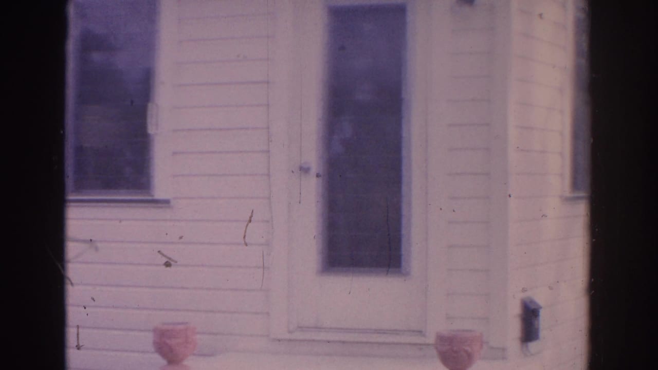 House facade with central dark film bar, front door, window, and porch urn.