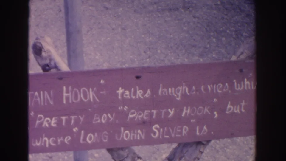 1962 Florida 8mm frame showing a red hand-painted sign above a wire bird cage, with the parrot partly visible below.