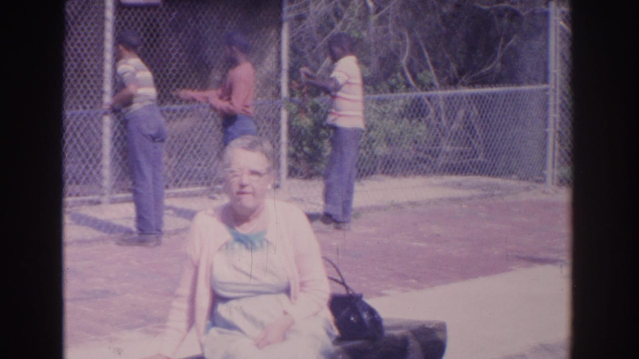 In 1962 Florida home-movie footage, an older woman sits near a chain-link zoo enclosure as visitors stand in the background.