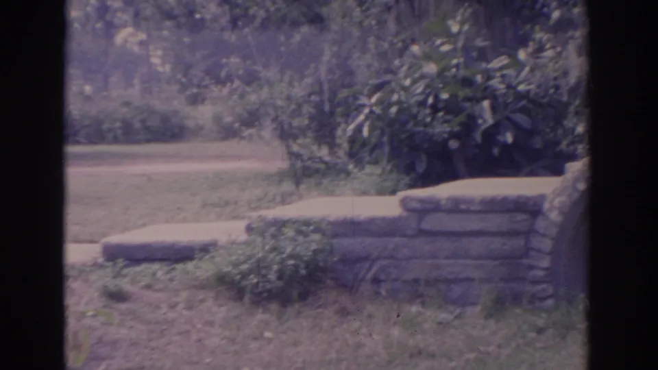 1962 Florida home-movie frame with a low stone wall, planted shrubs, open grass, trees, and hanging moss near a lakeside setting.