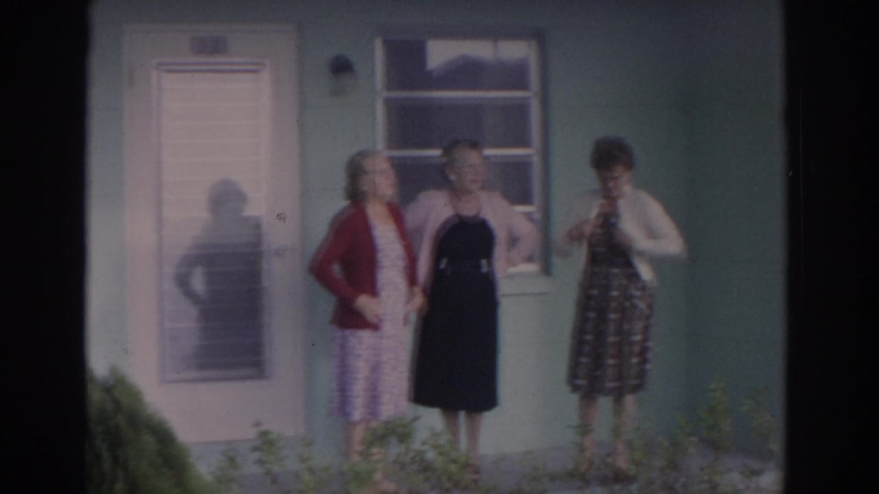 Three adult women stand by a screened door and window outside a light green house.