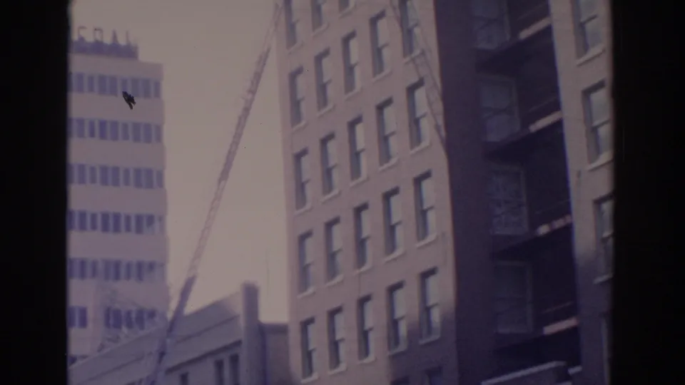 1962 Florida downtown view with a ladder crossing the frame, stacked office windows, and a traffic light partly visible at left.