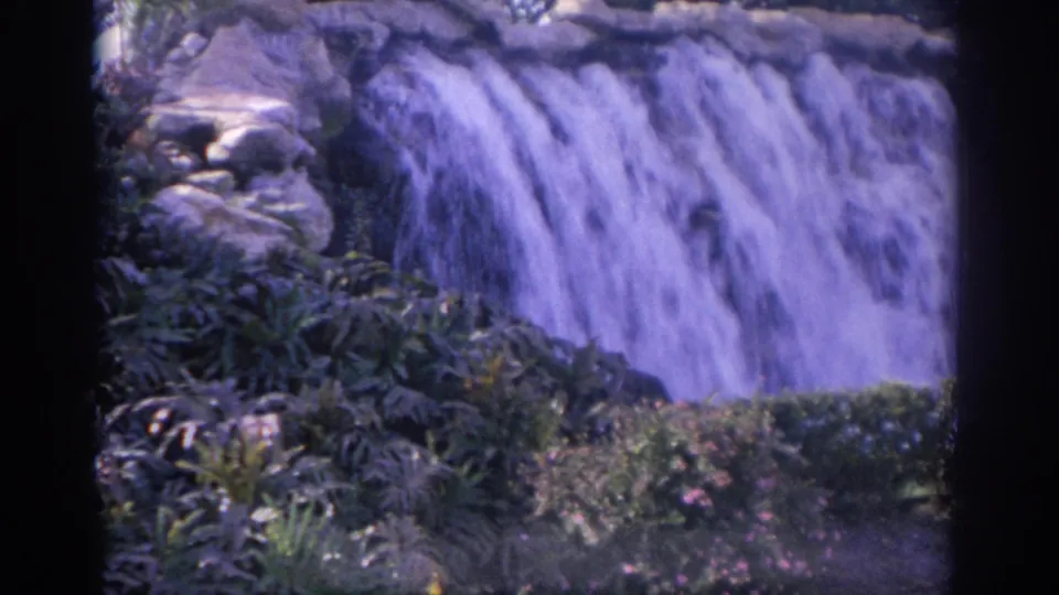 1962 Florida 8mm frame showing a cascading garden waterfall with dense foliage and low hedges in the foreground.