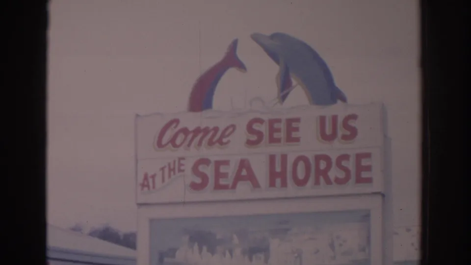 1962 Florida home-movie frame of the Sea Horse sign, showing red lettering, dolphin figures, and attraction display panels.