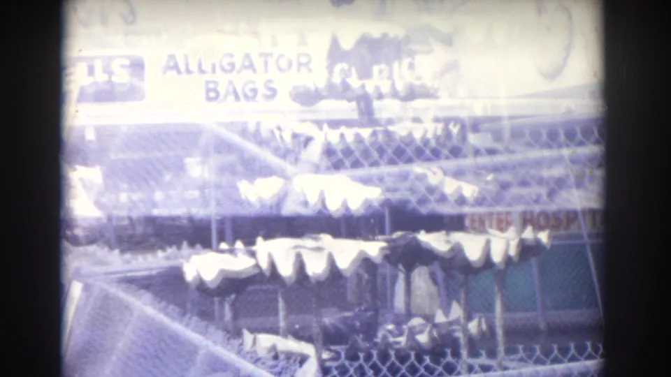1962 Florida 8mm frame with an alligator bags storefront sign and pale goods arranged behind a chain-link fence.