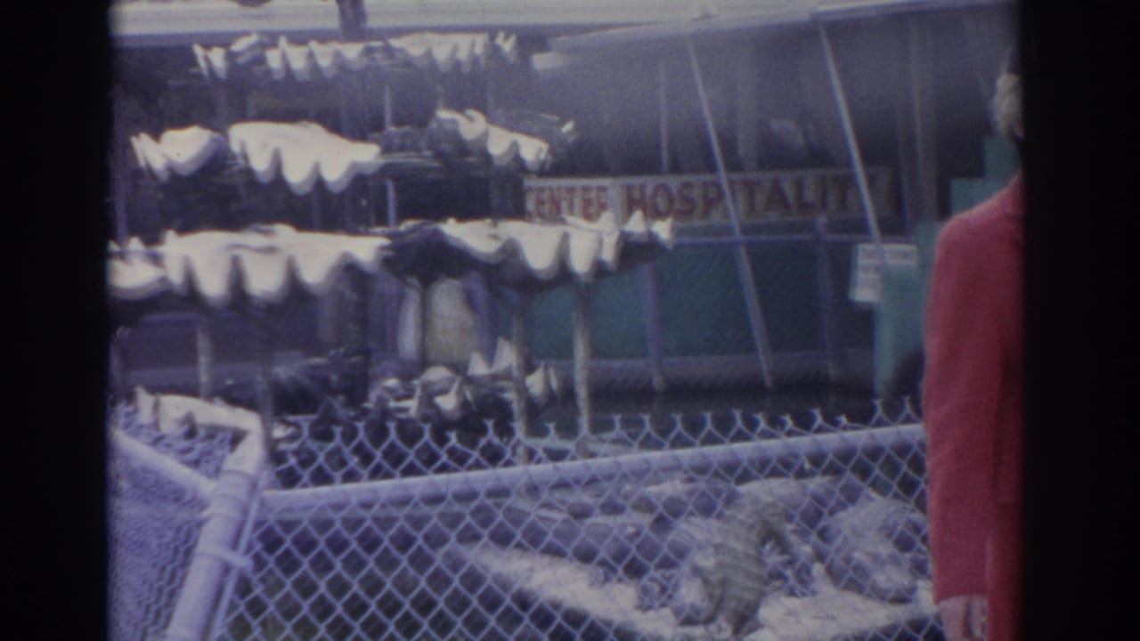1962 Florida home-movie frame showing a woman in red near a fenced zoo display with skulls, bones, and a hospitality sign behind her.