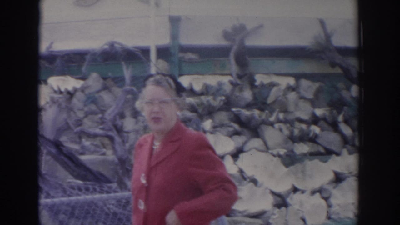 In 1962 Florida 8mm footage, a woman in a red coat and glasses stands before stones and a green railing.