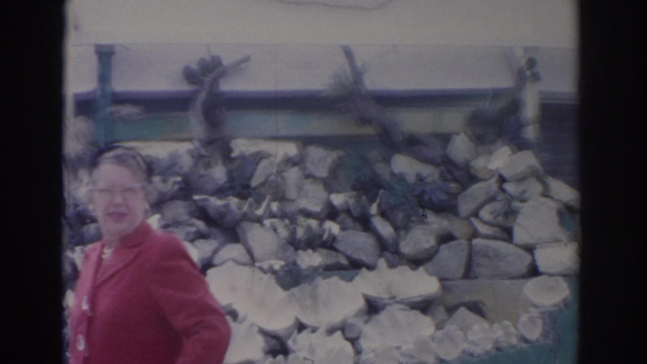 Woman in red coat faces the camera with a stone wall behind her.