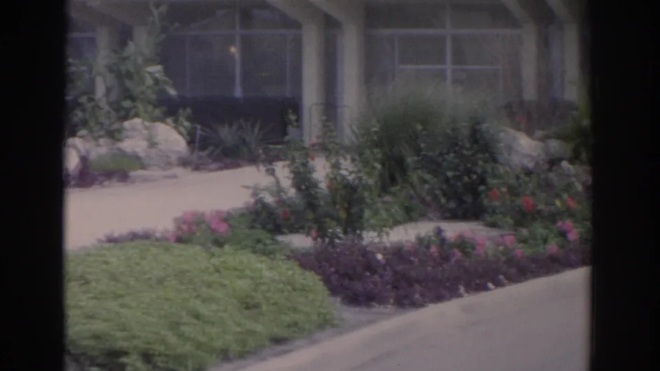 1962 Florida exterior showing manicured shrubs, flowers, rocks, walkway, and a modern windowed building.