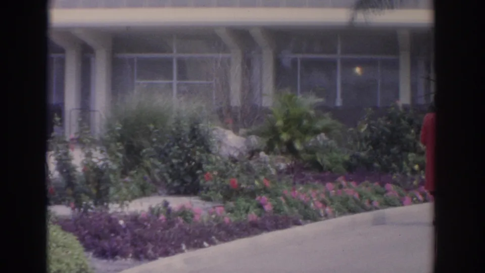 1962 Florida 8mm frame of flowering landscaping, palms, a walkway, and part of a person in red near the right edge.