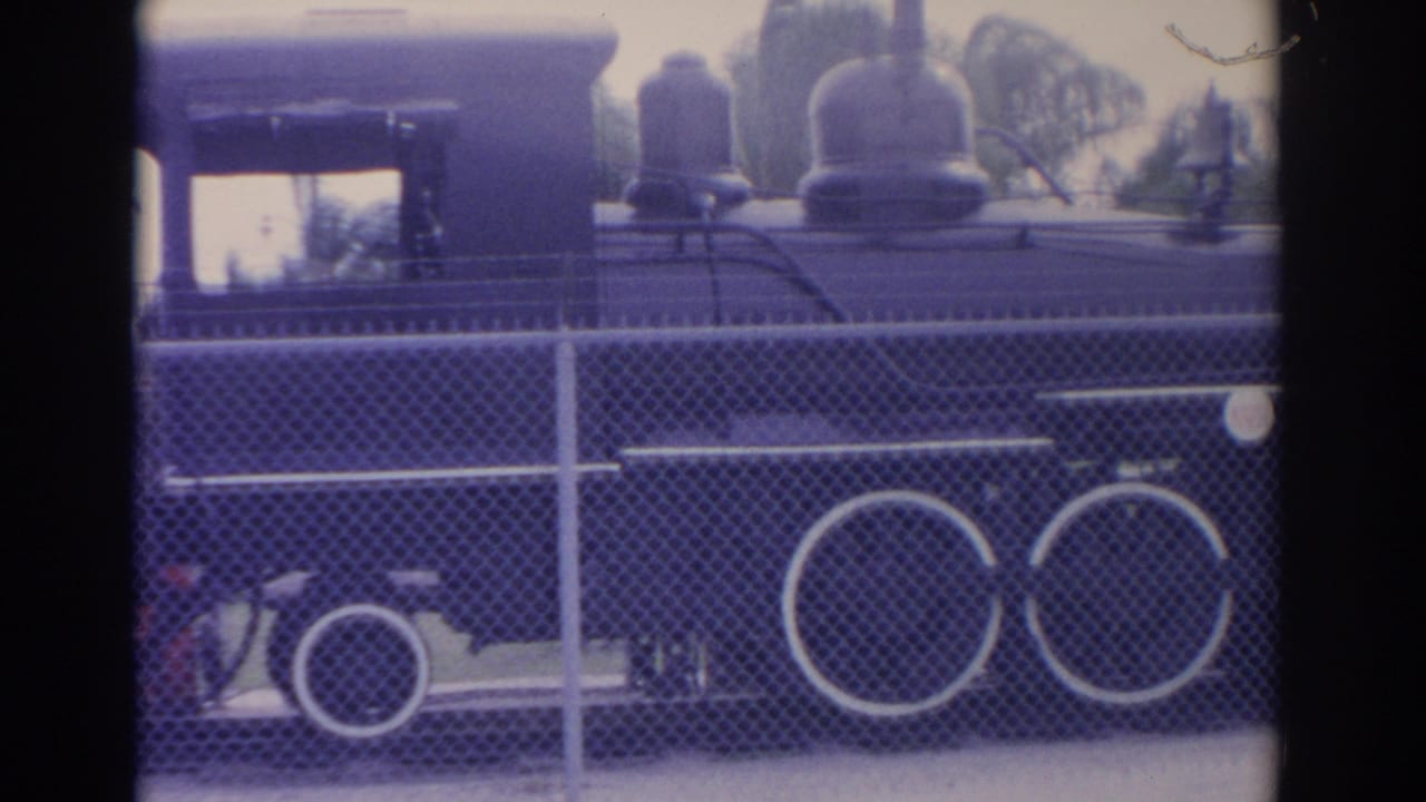 Black steam locomotive behind a chain-link fence with white-rimmed wheels and palm trees beyond.