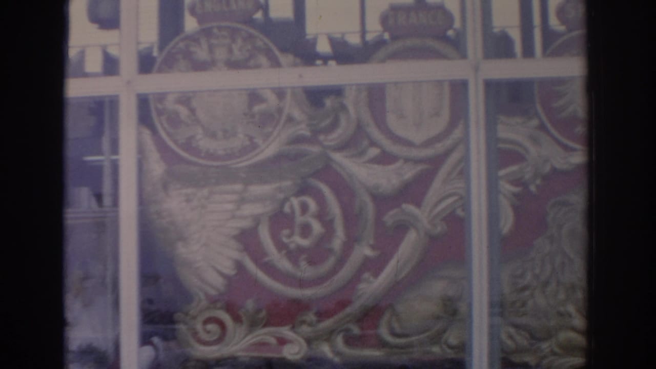 1962 Florida home-movie frame showing ornate painted crests, a lion form, and country-name plaques behind a window grid.