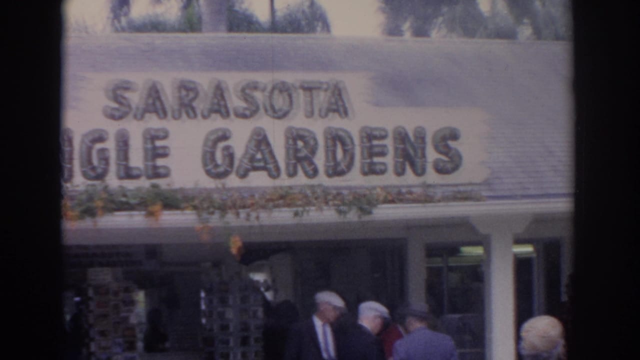 1962 Florida home-movie frame of the Sarasota Jungle Gardens sign and visitors standing at the entrance.