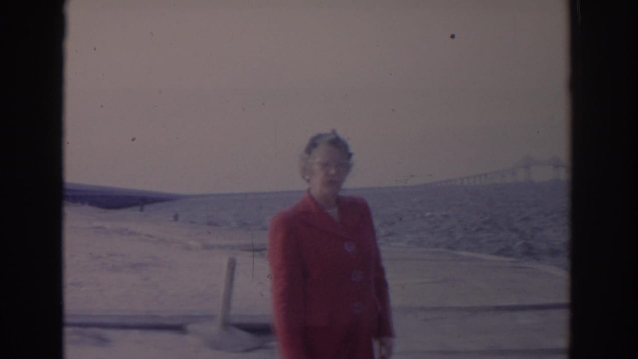 Older woman in a red coat stands on a beach with water and a distant bridge behind her.