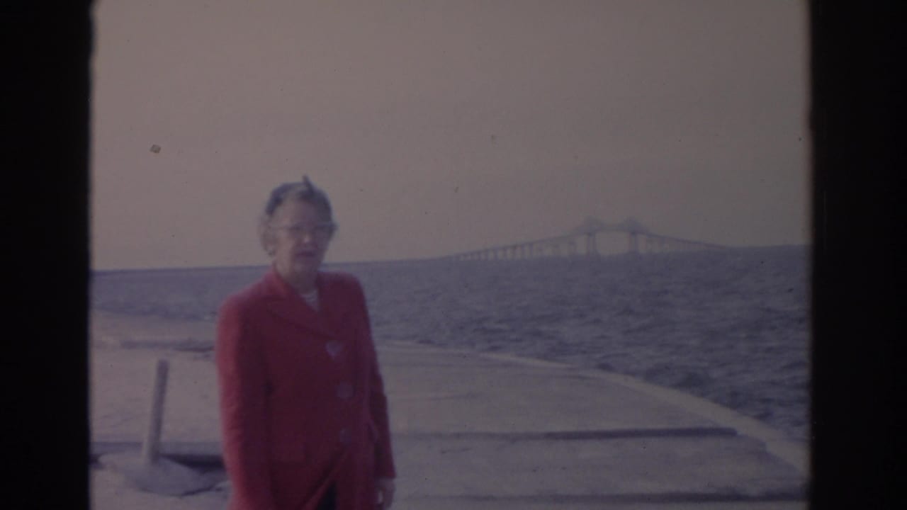 Older woman stands near the shoreline as a long bridge crosses the water in the background.