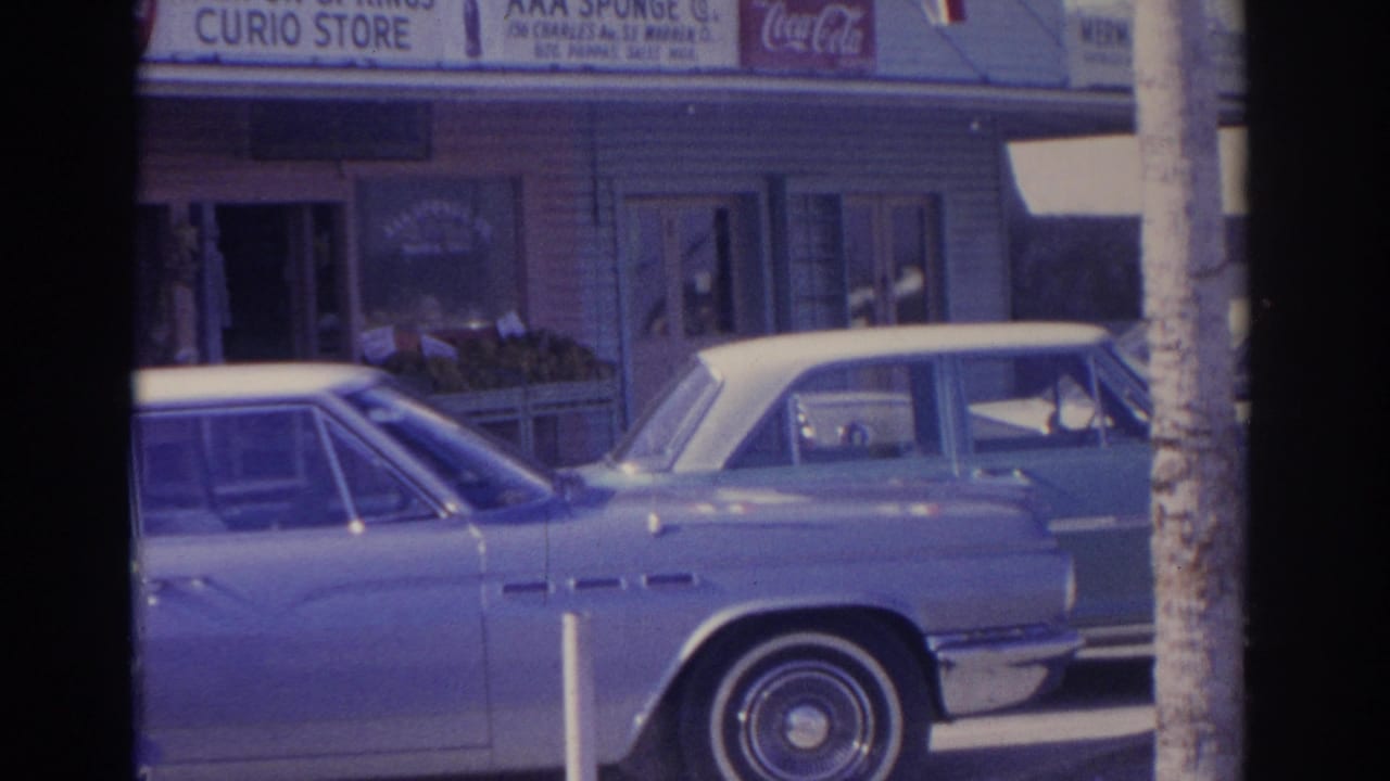 1962 Florida street frame with two parked early-1960s cars in front of shop windows, Coca-Cola signs, and Tarpon Springs retail signage.