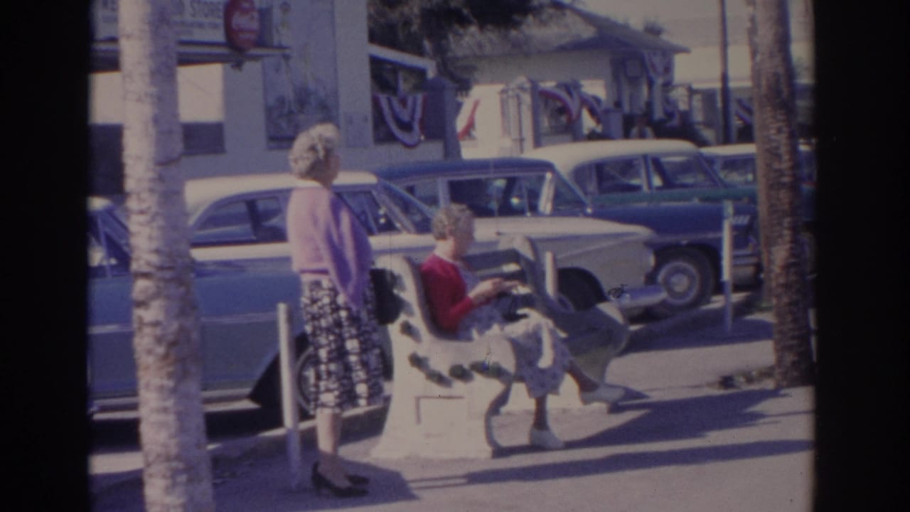 1962 Florida home-movie view of two women at a sidewalk bench, framed by a palm trunk, parked mid-century cars, and shaded storefronts.
