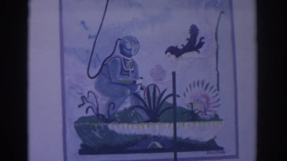 1962 Florida 8mm frame of marine-themed wall art showing a scuba diver, fish, sea plants, and a shell motif.