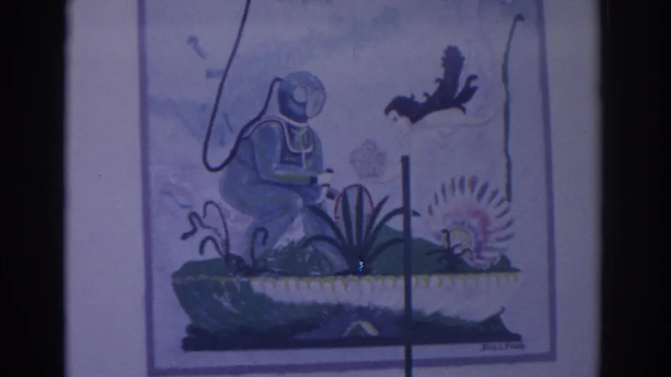 1962 Florida home-movie frame showing a framed nautical painting of a diver in an old-style suit with sea plants and fish.