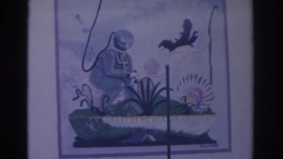 1962 Florida frame of a signed nautical illustration showing a helmeted diver figure in an underwater scene.