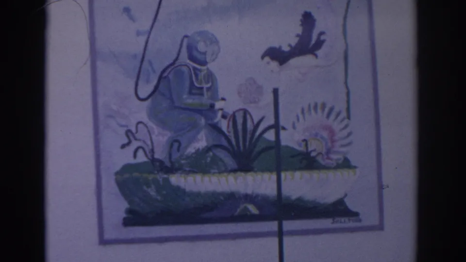 1962 Florida home-movie frame showing a close view of the diver illustration, framed by a purple border.